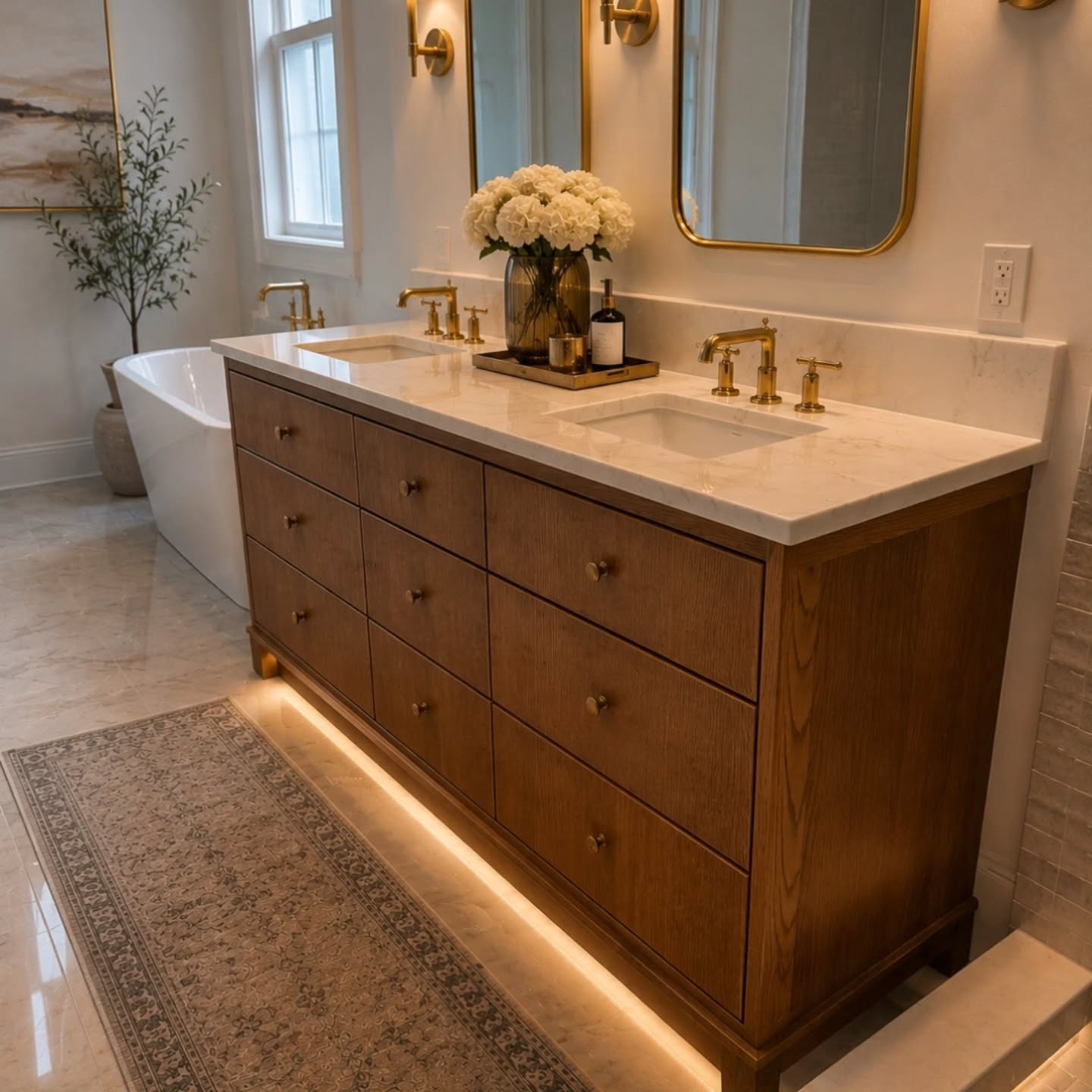 Custom white oak double vanity with brass fittings and a stone top, installed in a finished bath