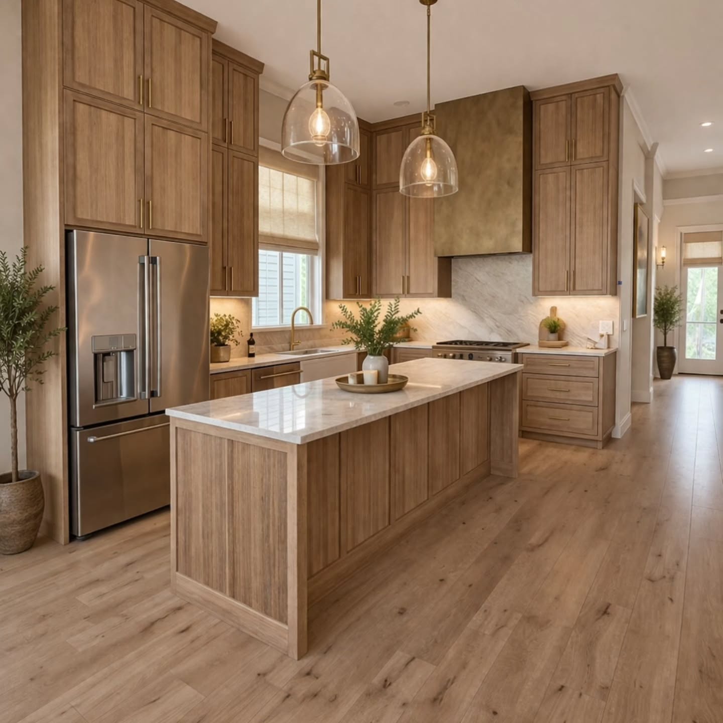 Kitchen in rift-sawn white oak with beaded cabinet doors, a reeded island, and a long run of tall cabinetry