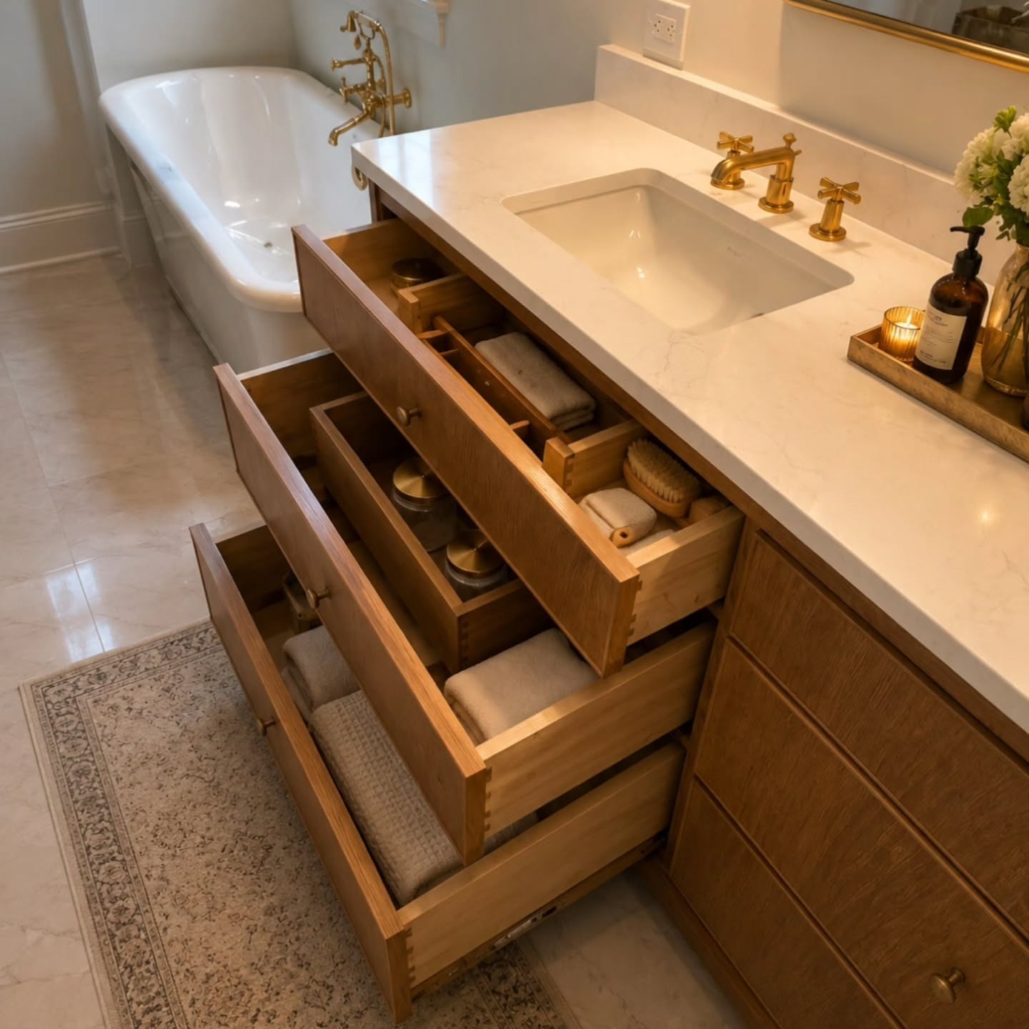 White oak vanity with U-shaped drawers pulled open around the plumbing
